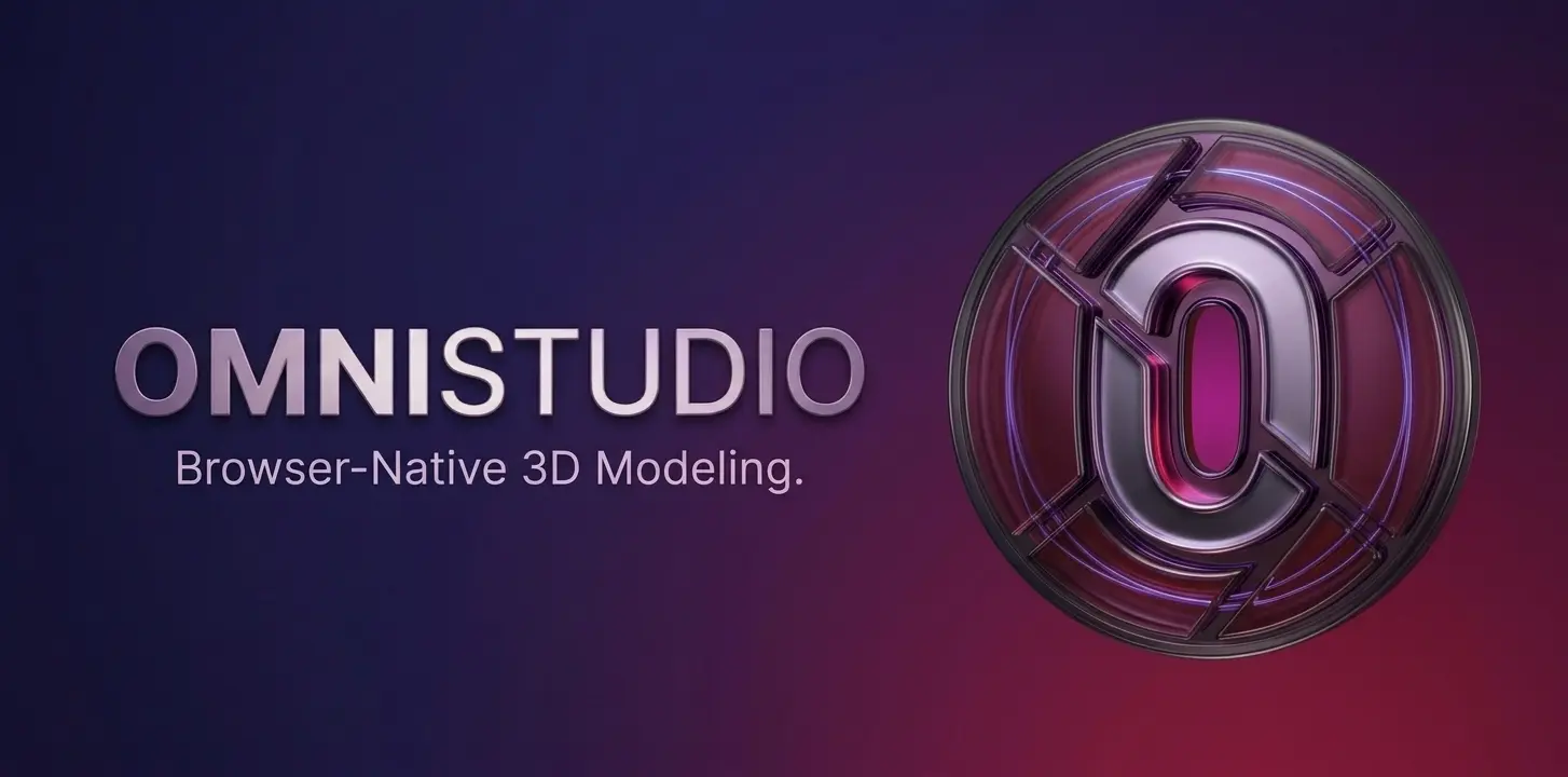 OmniStudio text next to a metallic 3D 'O' emblem with a glowing magenta wireframe core on a dark purple gradient background.